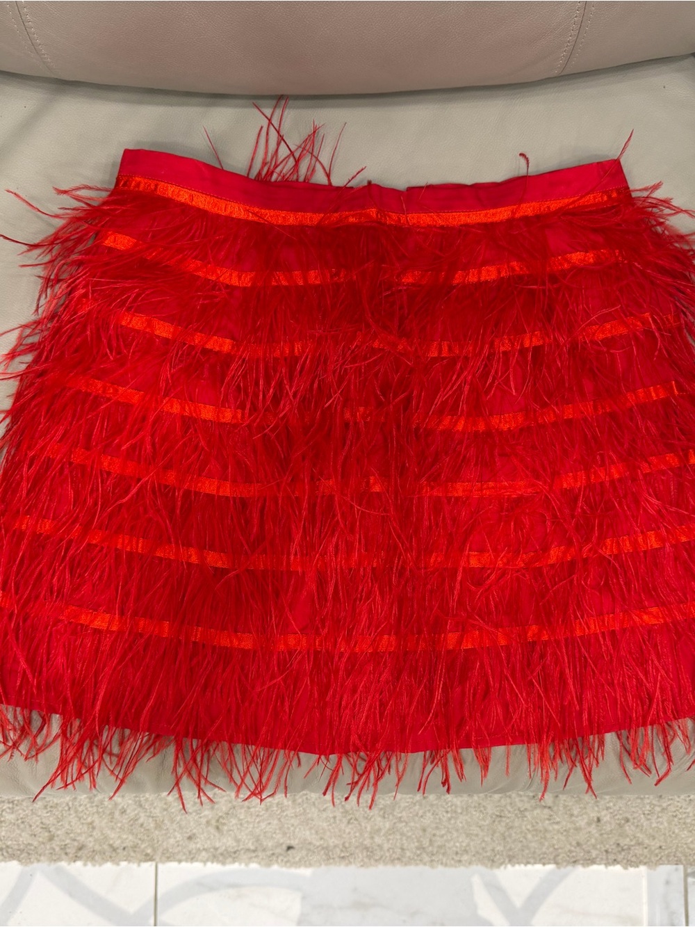 QUEEN OF SPARKLES Red Feather-Trim Mini Skirt